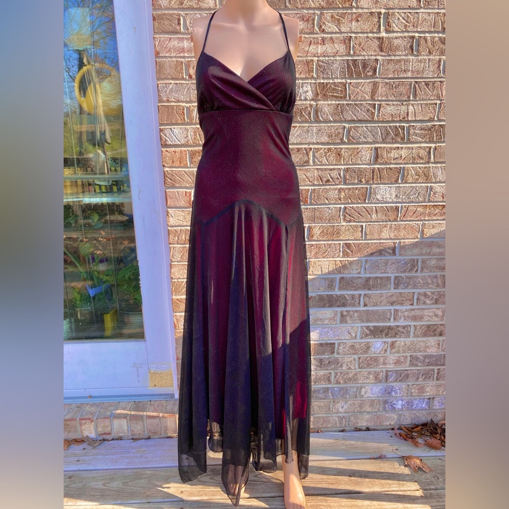 Vintage 90s Black & Red/Burgundy Mesh Overlay Sparkly Glittery Prom Dress